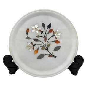 7" White Marble Plate with Floral Mother of Pearl and Stones Inlay - UP India